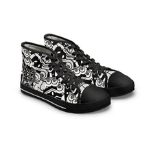 Load image into Gallery viewer, High Top Sneakers — Black & White Tribal Doodle Pattern