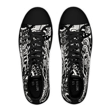 Load image into Gallery viewer, High Top Sneakers — Black & White Tribal Doodle Pattern
